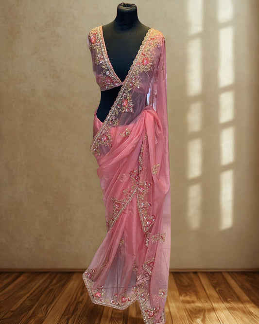 Pink Net Saree With Embroidery Border And Unstitched Blouse