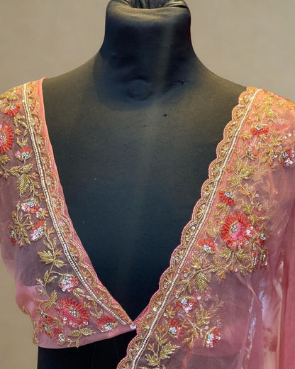 Pink Net Saree With Embroidery Border And Unstitched Blouse
