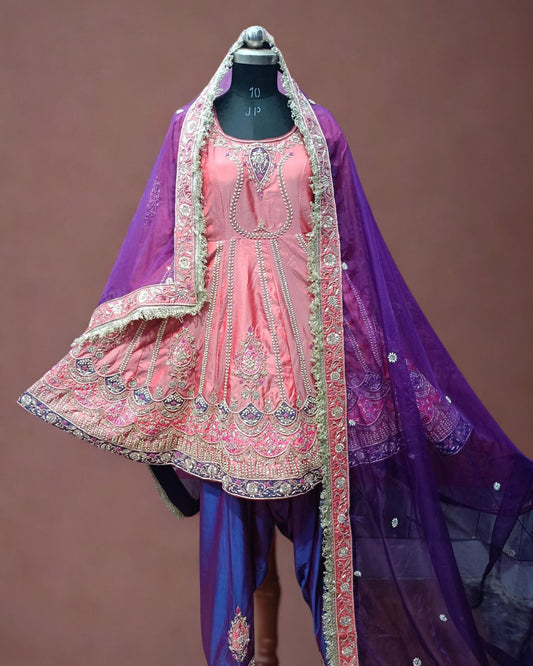 Pink Satin Anarkali Suit With Cutdana And Sequins Work