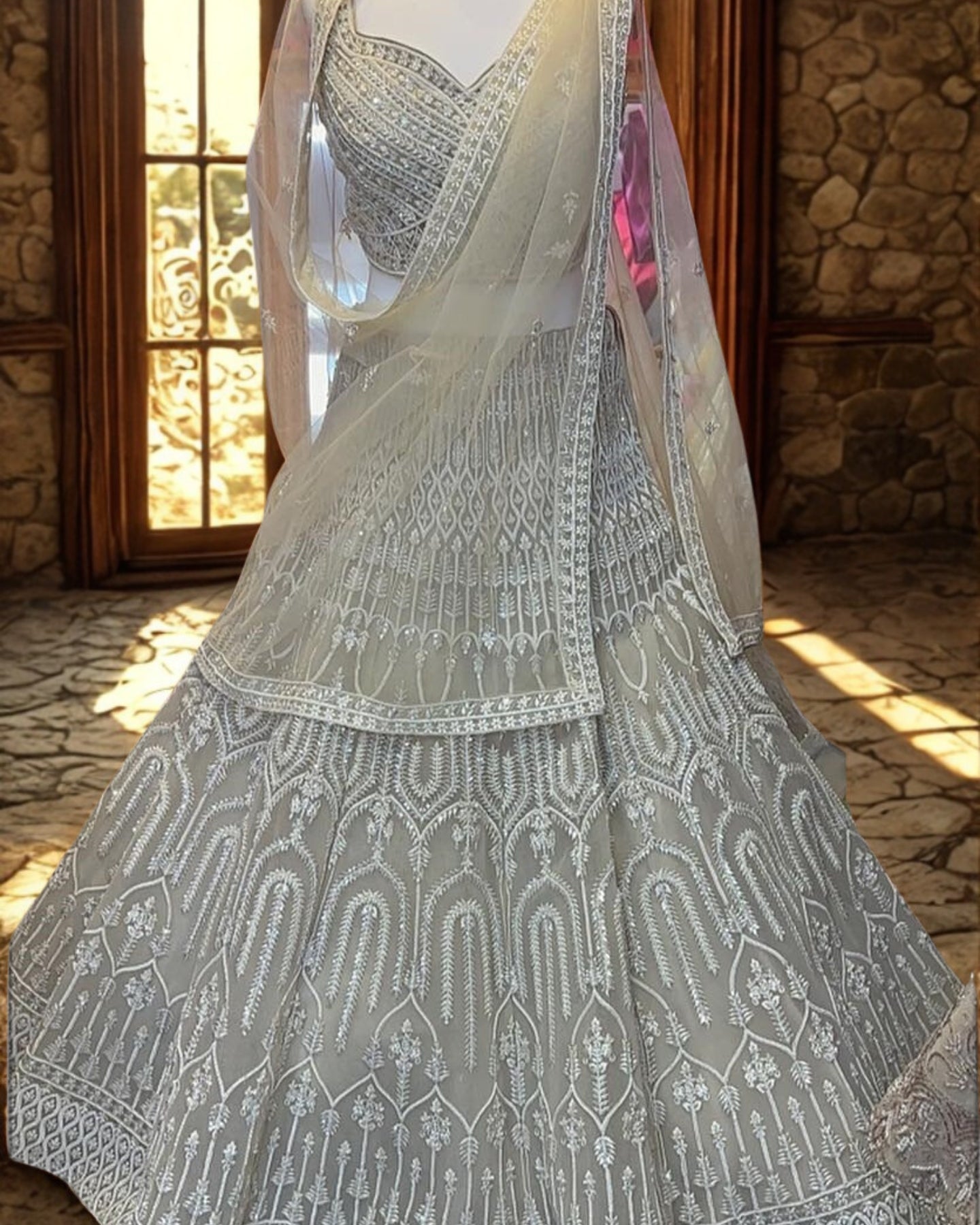 Pista Green Net Lehenga