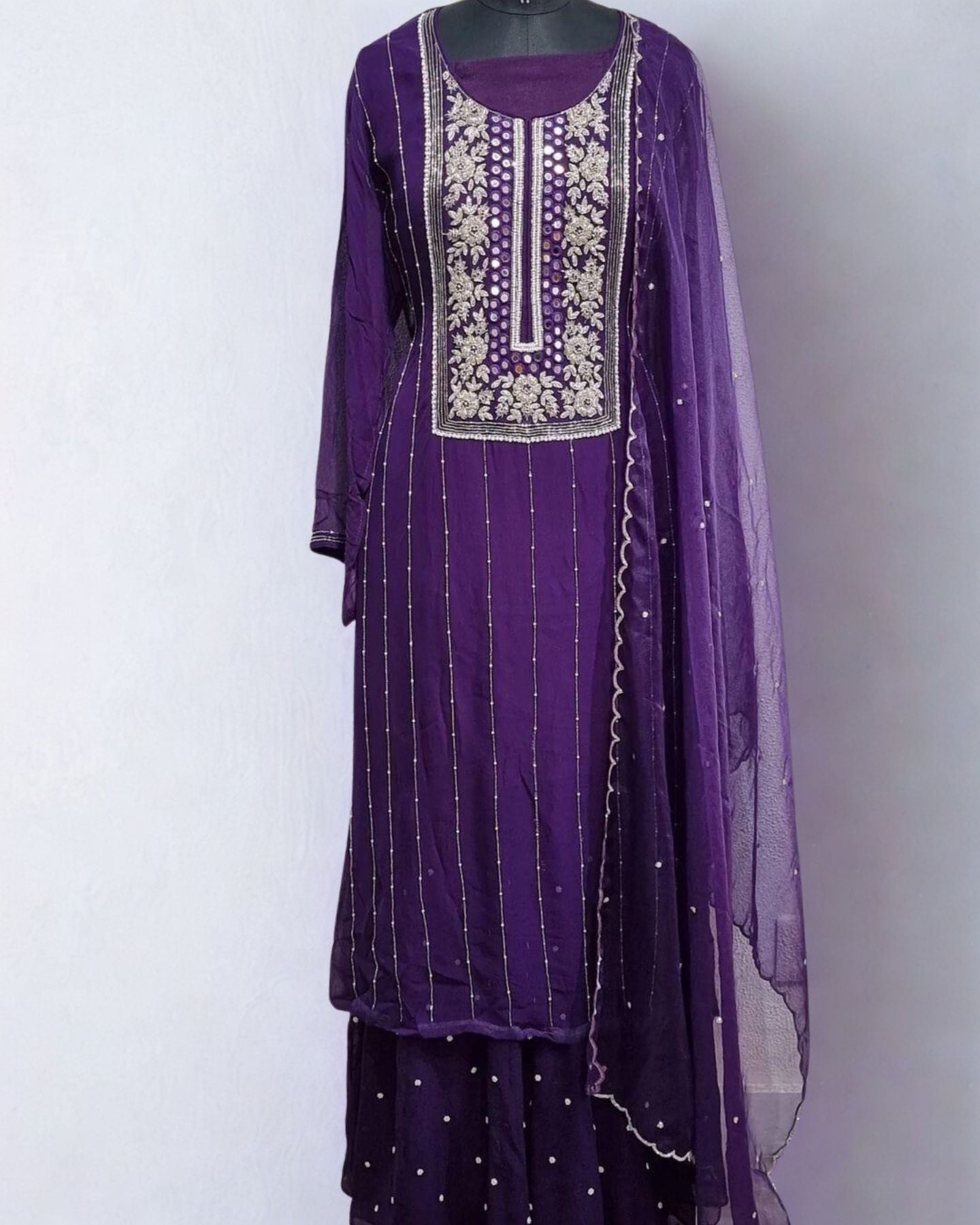 Purple Chiffon Sharara Suit With Cutdana And Mirror Work