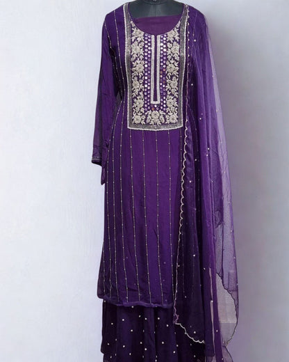 Purple Chiffon Sharara Suit With Cutdana And Mirror Work
