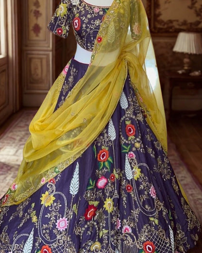 Purple Floral Embroidered Lehenga
