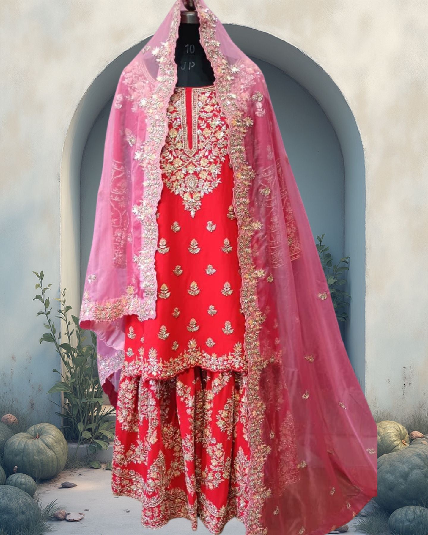 Red Georgette Sharara Suit With Zari Embroidery