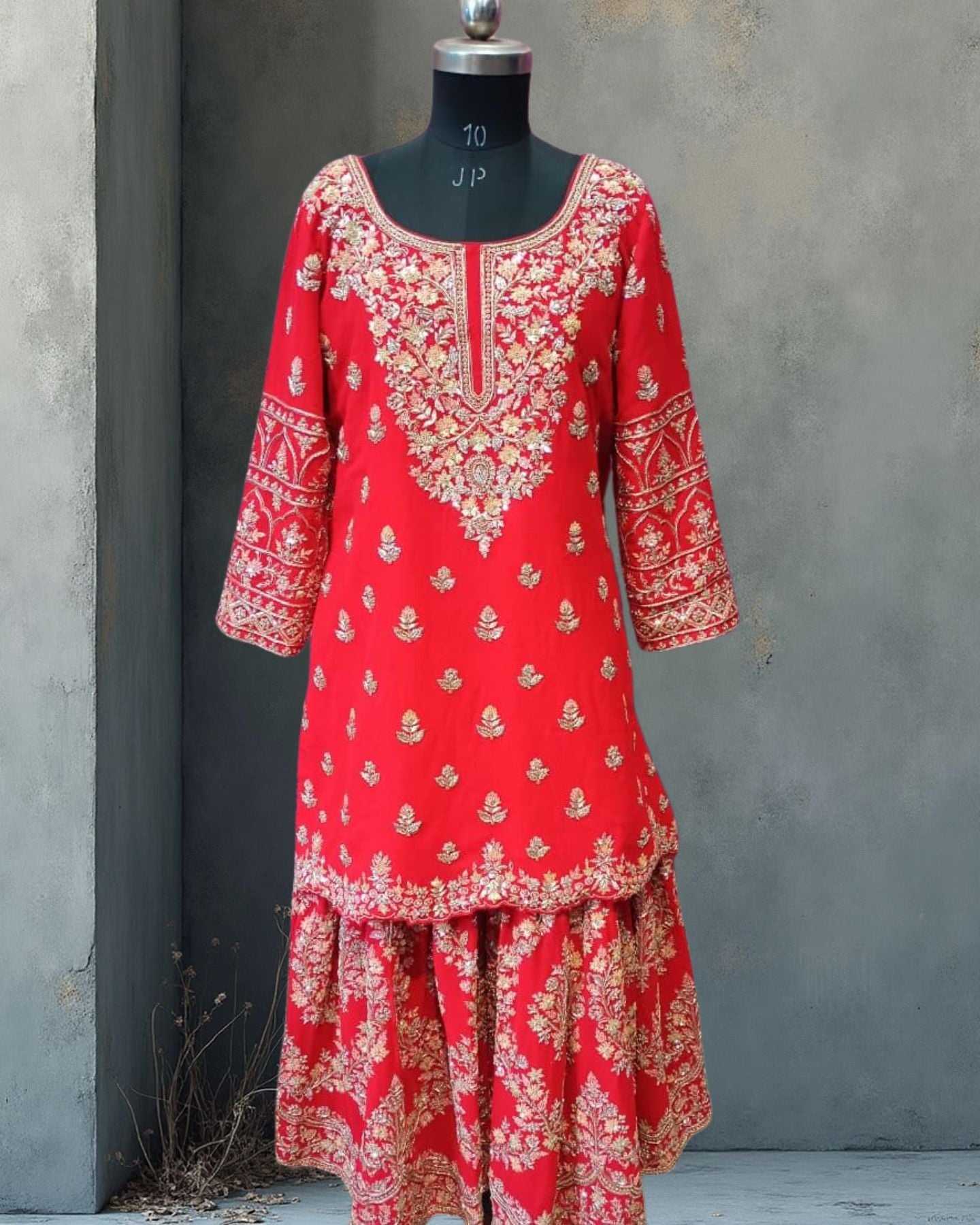 Red Georgette Sharara Suit With Zari Embroidery
