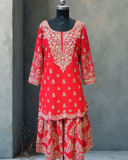 Red Georgette Sharara Suit With Zari Embroidery