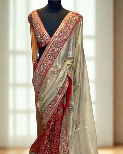 Red Satin Brocade Saree And Unstitched Blouse