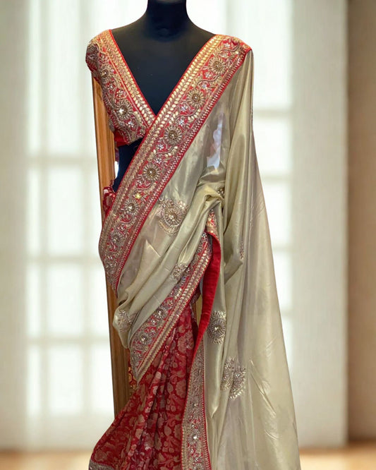 Red Satin Brocade Saree And Unstitched Blouse