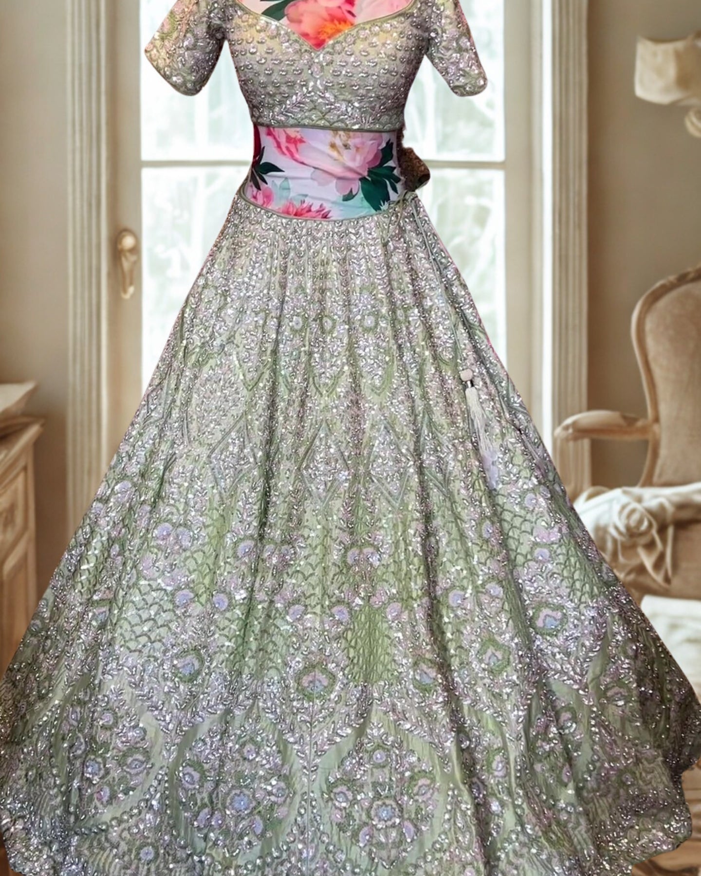 Sage Green Embroidered Lehenga