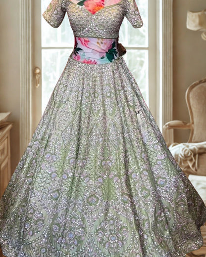 Sage Green Embroidered Lehenga