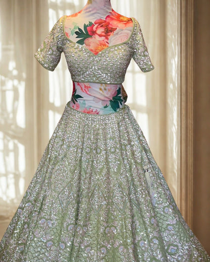 Sage Green Embroidered Lehenga