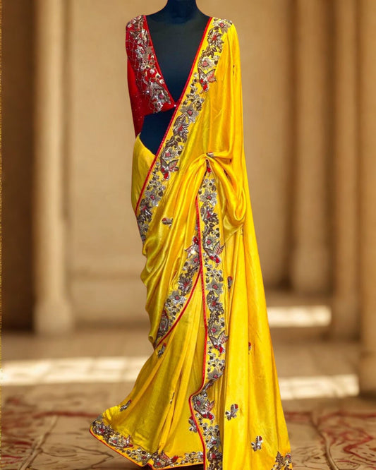 Yellow Satin Saree With Unstitched Blouse