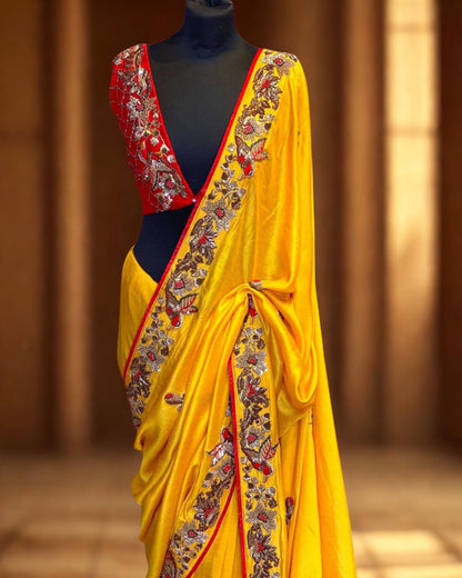 Yellow Satin Saree With Unstitched Blouse
