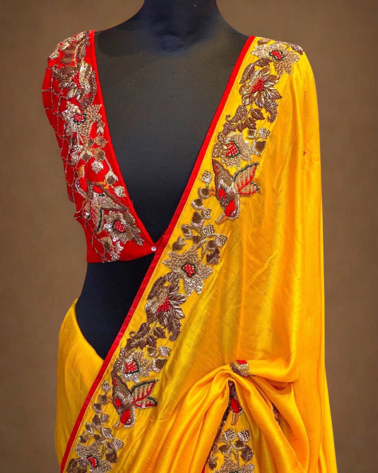 Yellow Satin Saree With Unstitched Blouse